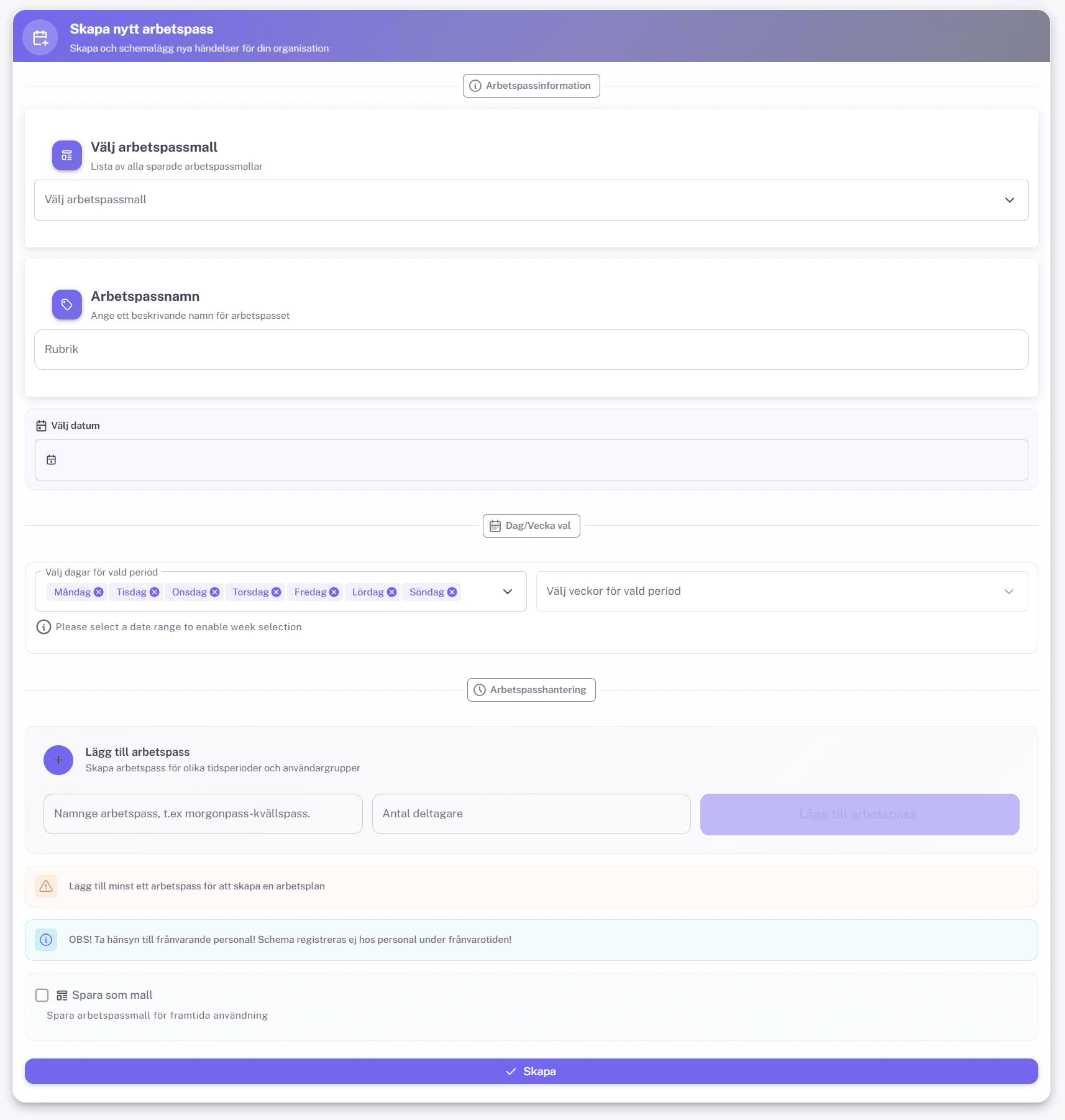Formulär – Skapa nytt arbetspass