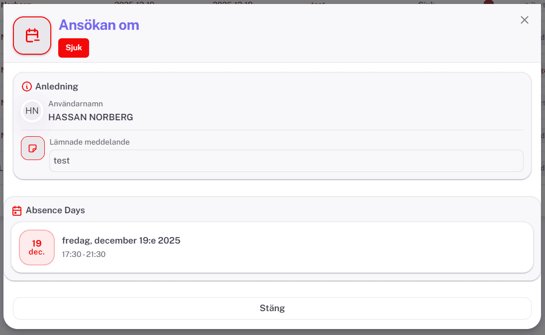 Detaljvy för frånvaroförfrågan – VAB