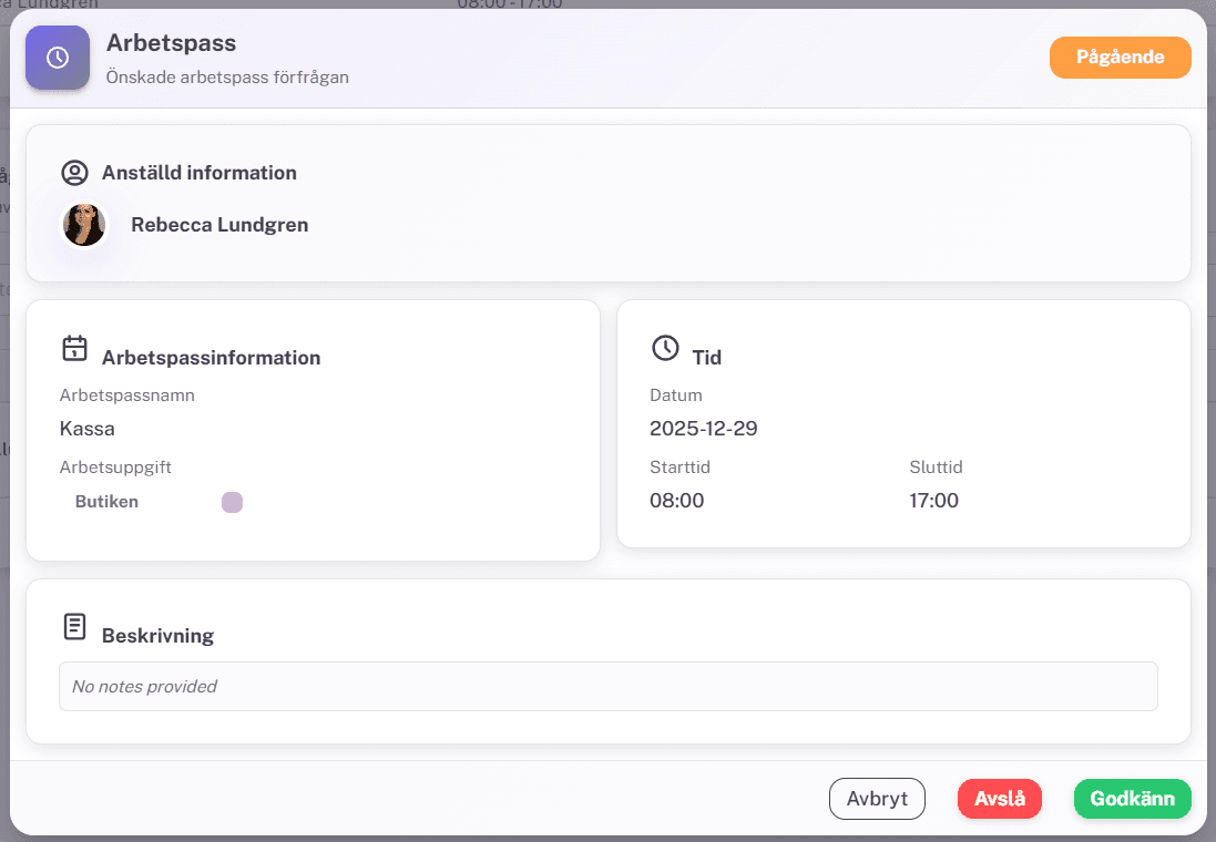 Detaljvy – nytt arbetspass