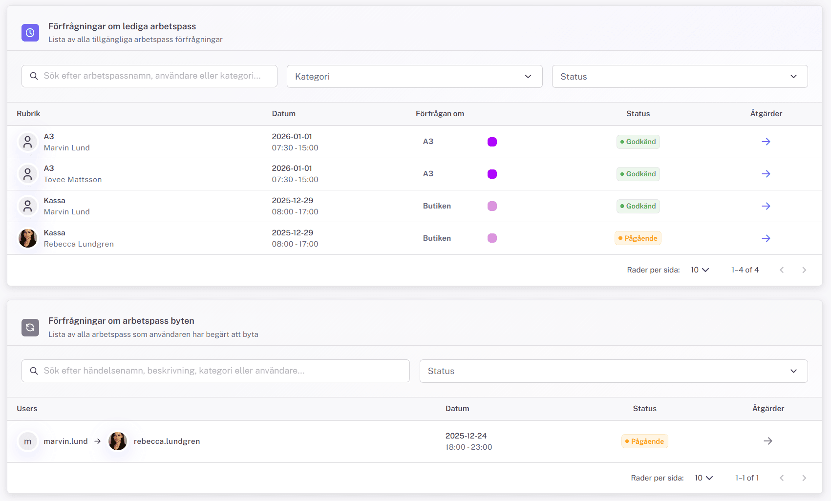 Tabell för lediga pass & passbyten
