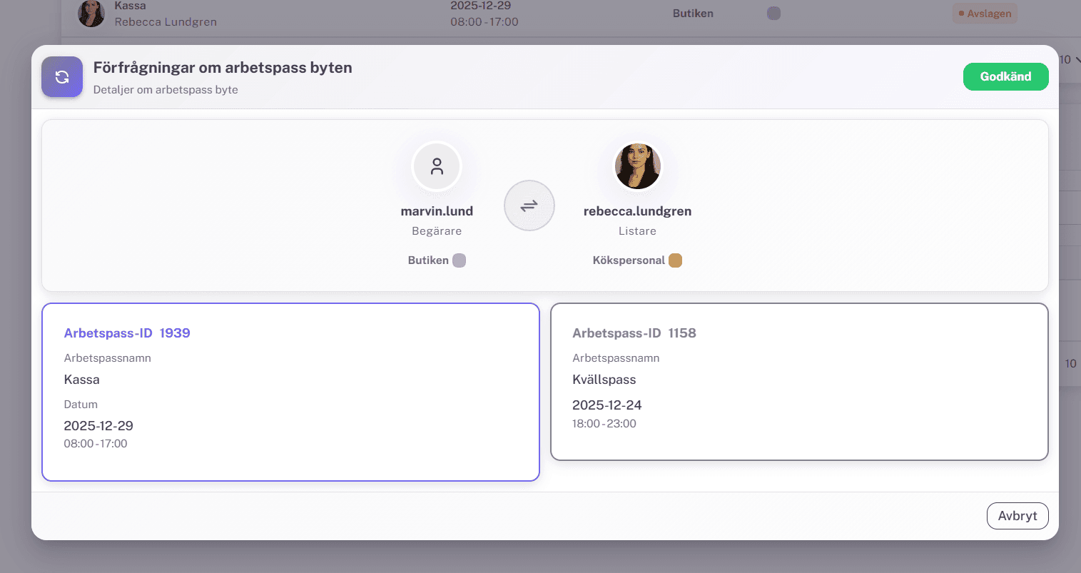 Detaljvy – arbetspassbyte
