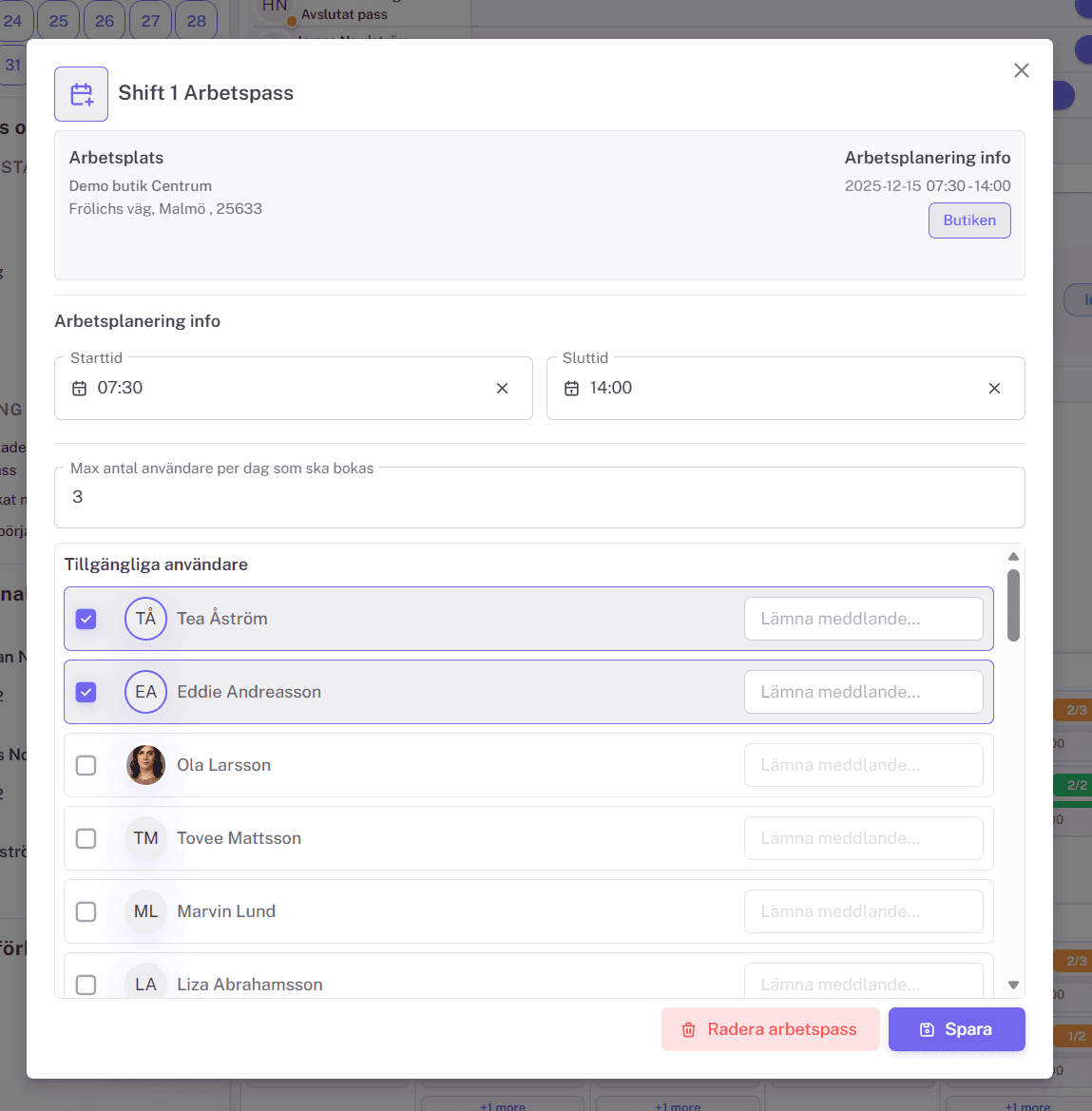 Dialog – Skapa arbetspass – del 2