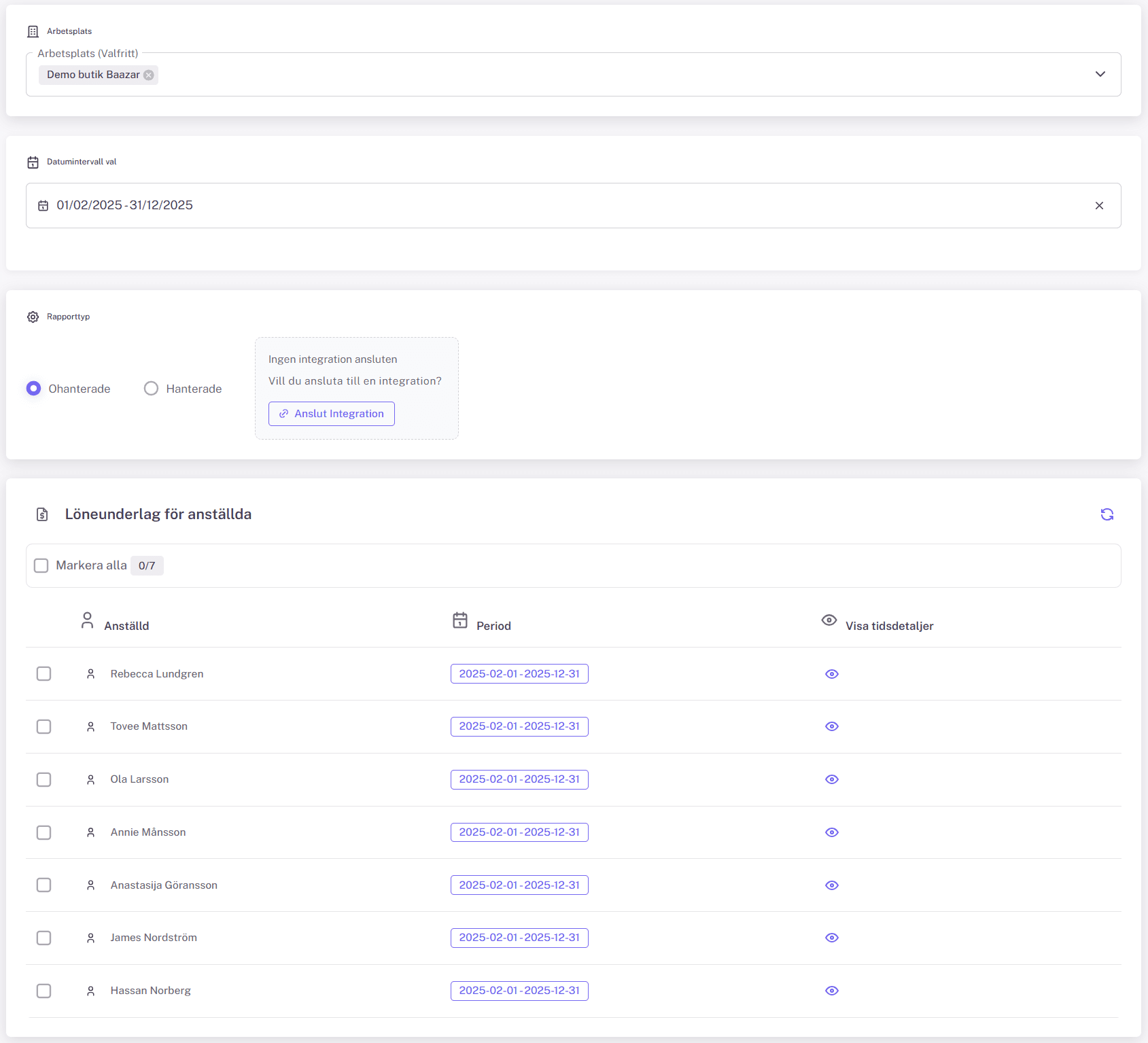 Översikt över löneunderlagssidan
