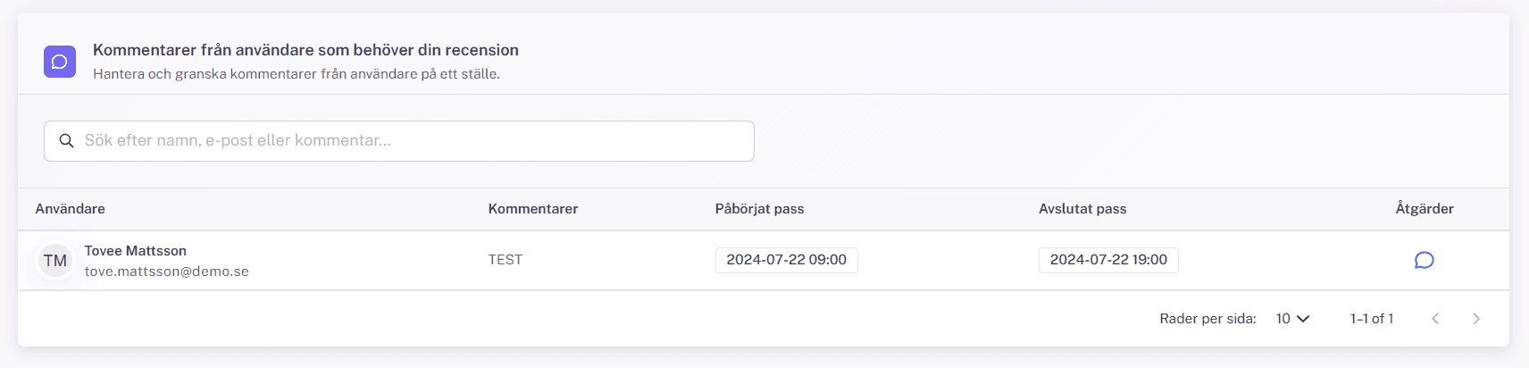 Tabell – Kommentarer från användare