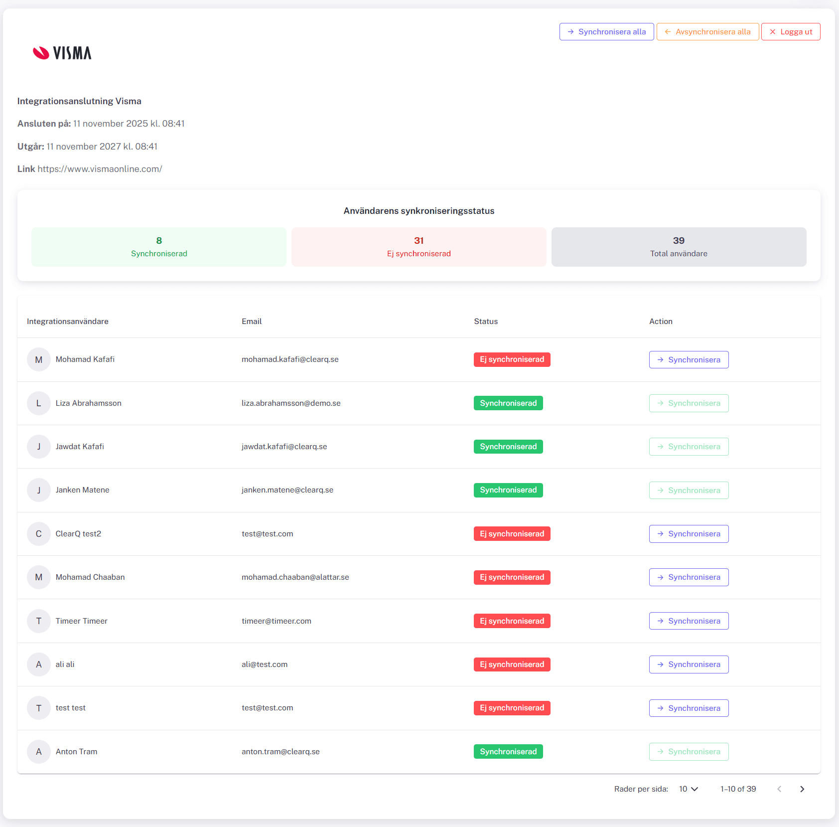 Visma-integrationsanslutning – synkroniseringsstatus